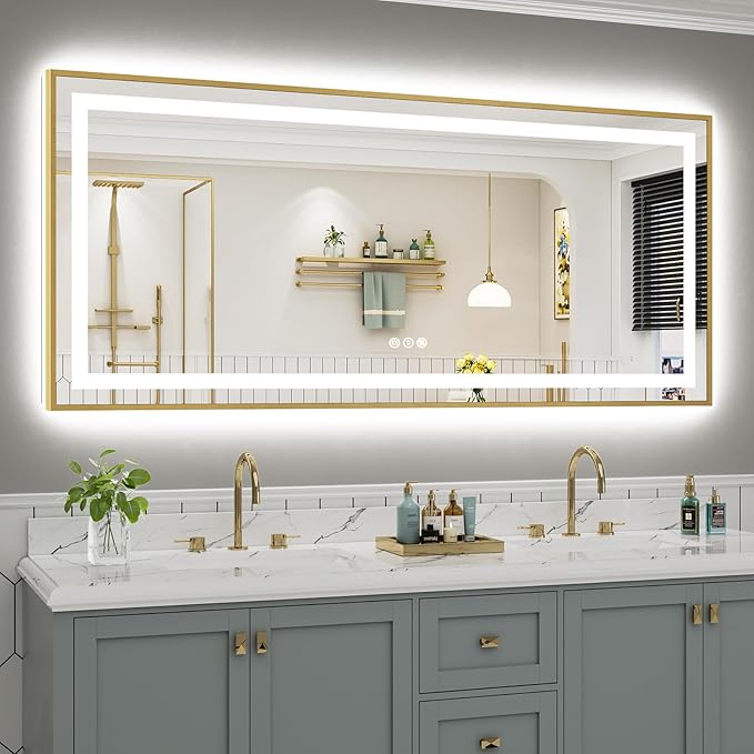 72x32 Inch LED Bathroom Mirror with Gold Frame, Backlit & Front Lit, Lighted Wall Mirrors for Bathroom Vanity, Touch Screen Dimmable, Anti-Fog, Memory Function, HD Tempered Glass, Shatter-Proof