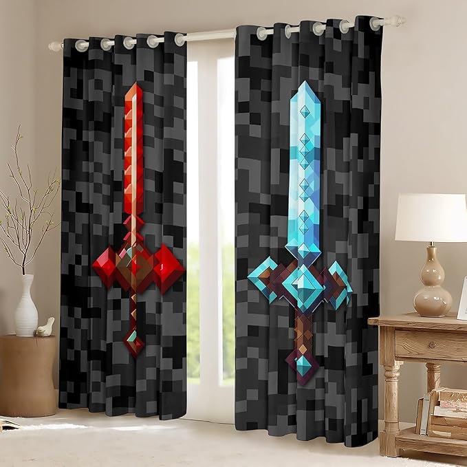 Castle Fairy Red Blue Sword Living Room Decor Curtains,Sandbox Building Games Window Curtain,Kids Teens Pixelated Style Swords Window Treatment Grey Black Camo Blackout Drapes 2 Panels,42Wx90L
