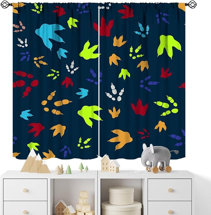 YCness Dinosaur Footprint Curtains for Boys Girls Children Nursery Playroom Room Decor Colorful Cartoon Dino Art Printed Window Drapes Decor Fabric Set 2 Panel 55x63 Inch 80% Shading Rate