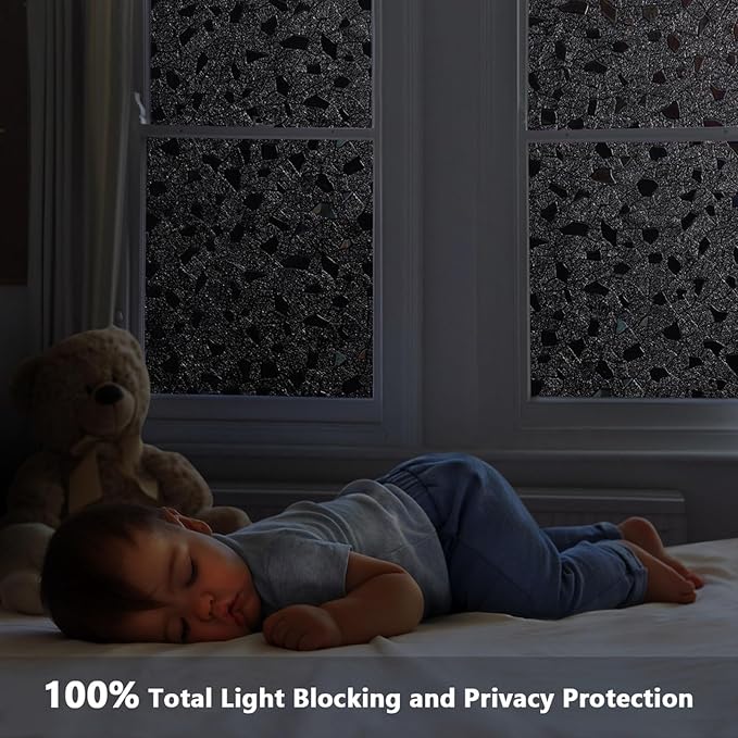 LEMON CLOUD Total Blackout Window Privacy Film,Decorative Window Film, Darkening Frosted Glass Covering 100% Opaque Removable Static Cling for High Privacy, Black Rubble Design(35.4 x 78.7 Inch)