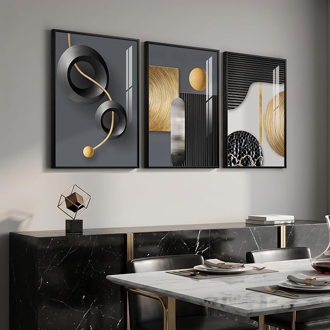 Framed Modern Elegant Wall Art for Living Room, 3 Piece Contemporary Luxury Prints Paintings, Black and Gold Abstract Geometric Pictures for Bedroom Dining Room Hallway Entryway Home Office Wall Decor 16x24 In
