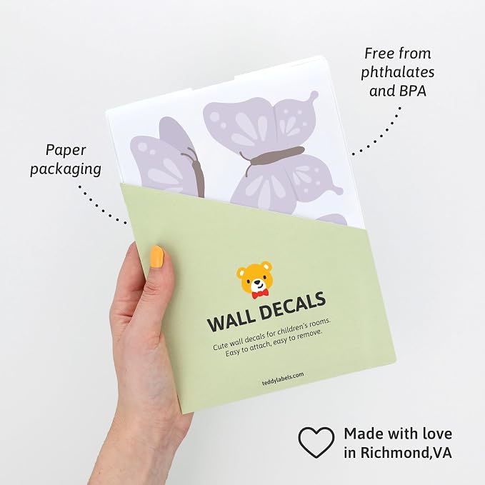 Teddylabels - Rainbow Butterflies - Easy-to-Apply & Removable Wall Stickers: Transform Your Toddlers Bedroom with Durable, Vibrant Peel-and-Stick Wall Decor – Stickers for Kids
