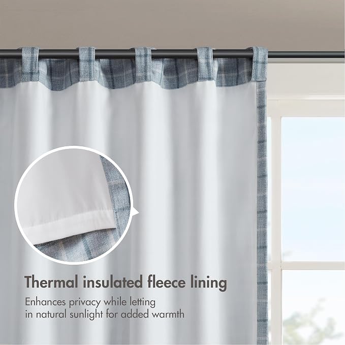 Madison Park Anaheim Cabin Plaid Curtain Window, Thermal Insulated Fleece Lining, Living Room Decor Room Darkening Drape for Bedroom, 1-Single Panel Pack, 50x95, Rod Pocket & Back Tab, Denim Blue
