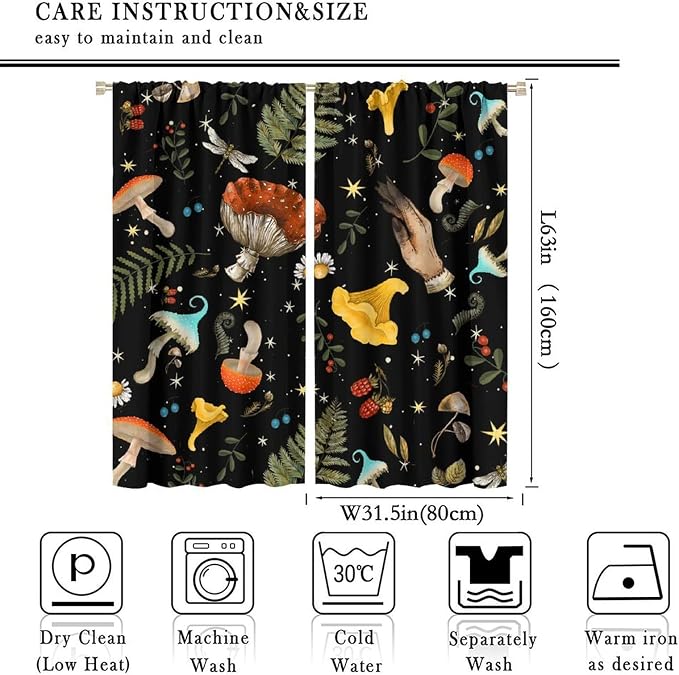 Retro Mushroom Curtains, Boho Rustic Vintage Botanical Mushroom Gothic Witch Wildflower Plant Print Blackout Window Treatments for Living Room Bedroom Kitchen 63x63in