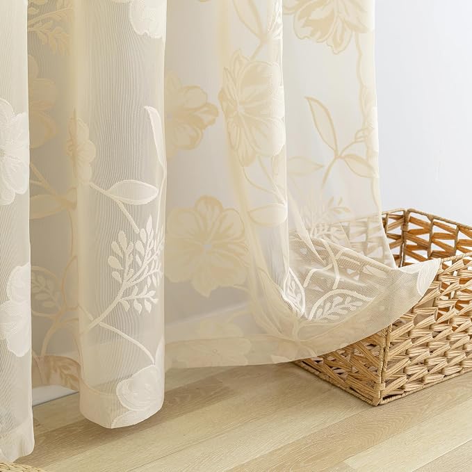 Sheer Beige Lace Curtains for Bedroom Living Room Studio 84inch Long Vintage Rose Floral Embroidered Semi Sheer Curtain Panels Privacy Leaf Sheer Drapes with Scalloped Edge Ivory, 54"w 2pcs 7ft