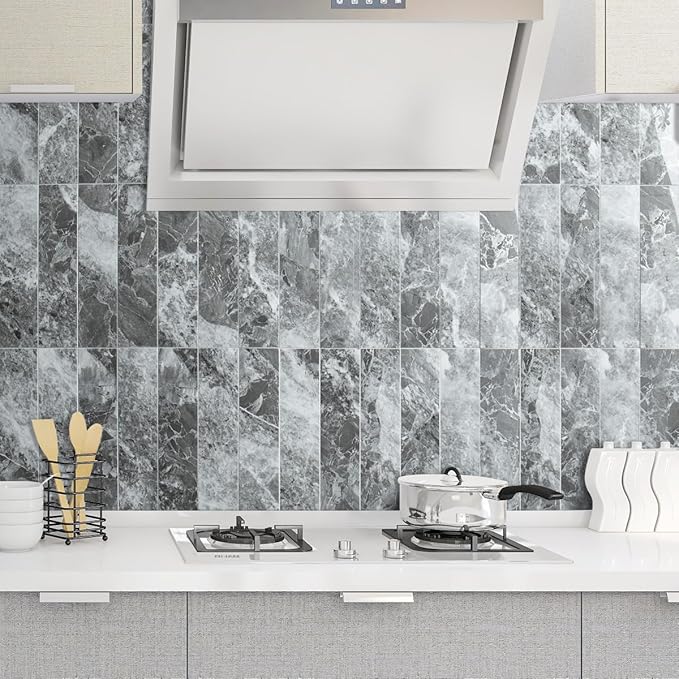 AULIGET 40-Piece Polished Grey Marble with Silver Peel and Stick Backsplash Wall Tiles, 3" x 12" PVC Faux Stone Stick on Tiles for Backsplash Kitchen, Bathroom, Laundry Room, Camper, Fireplace