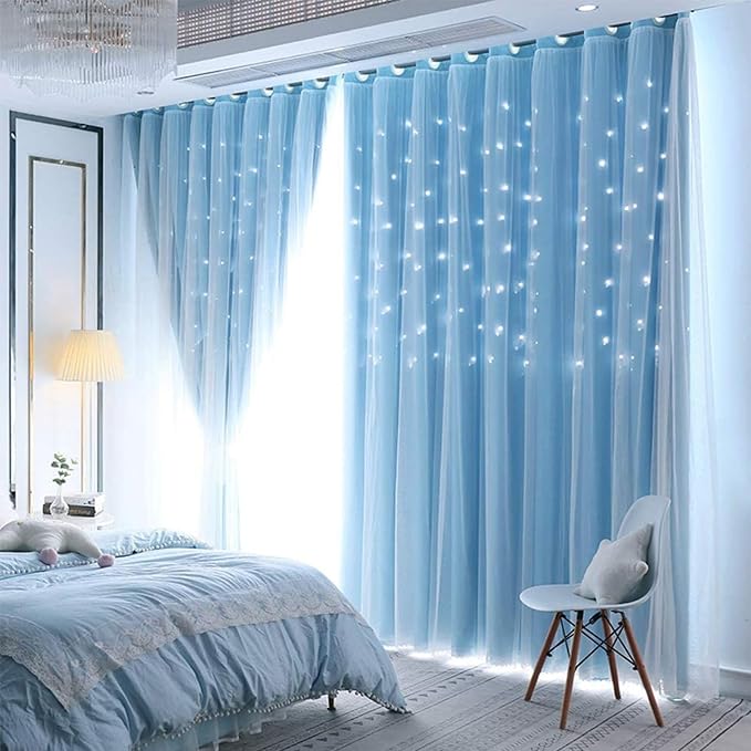 2 Panels Blue Star Blackout Curtains 63 Inches Long, Privacy Light Filtering Cute Drapes for Kids Bedroom, Thick Grommet Double Layer Nursery Princess Curtains for Glass Door (40" W x 63" L)