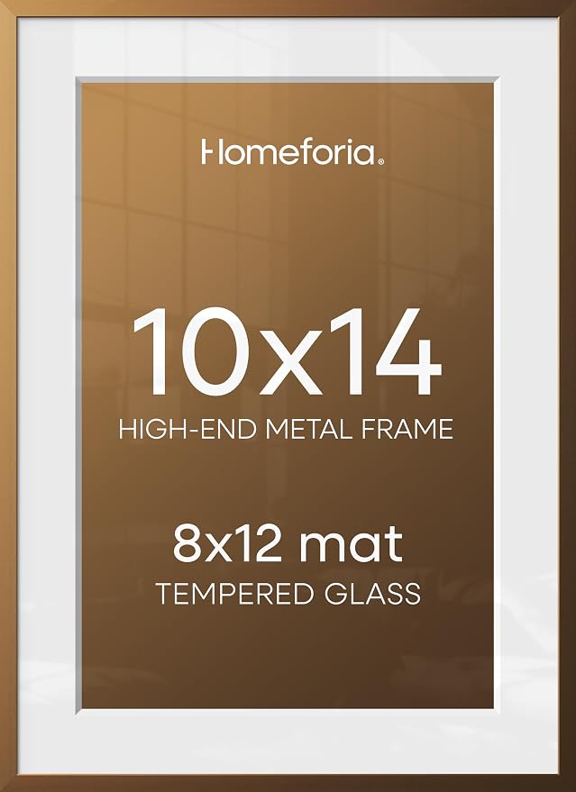 Homeforia 10x14 Bronze Picture Frame, High End Metal 10x14 Brass Frame with Mat 8x12, 10 x 14 Poster Frames Matted to 8 x 12 inch Photo, 10 by 14 Bronze Thin Frames, Tempered Glass, Wall Kit, Set of 2