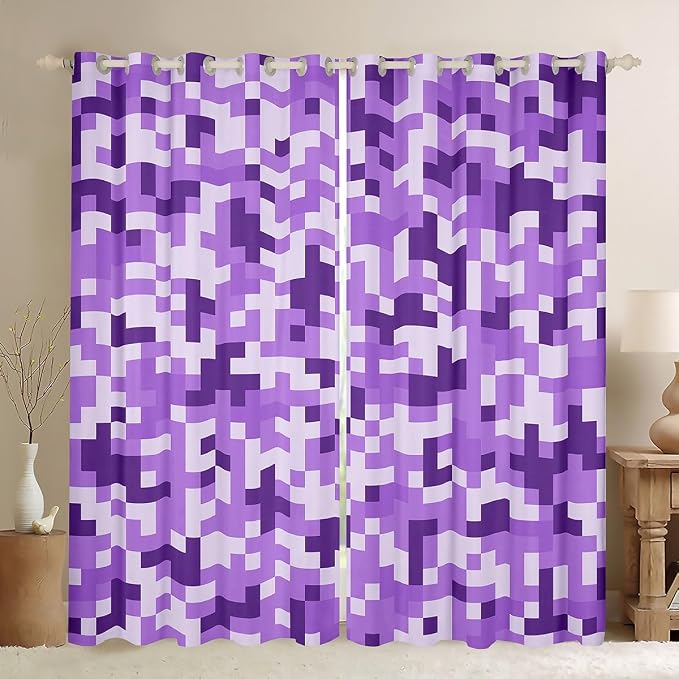 Castle Fairy Purple Checked Window Curtain,Kids Gaming Bedroom Decor Curtains,Geometric Grid Camouflage Window Treatment Boys Teens,Modern Video Games Blackout Drapes 2 Panels,38Wx54L