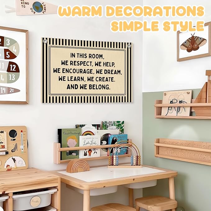 Classroom Decor, Retro Classroom Wall Hanging Canvas Banner Prints, in This Room We Respect Help Striped Wall Art Decor for Kids Nursery Toddler Room Bedroom Playroom, 30x20 Inch