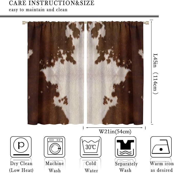 Cow Print Blackout Curtain, Animal Fur Brown Cowhide Western Farm Style Window Treatments Rod Pocket Curtain for Bedroom Living Room Kitchen Decor Drapes 42x45in