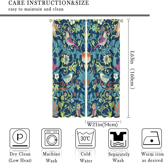 Boho William Morris Art Blackout Window Curtains, Magical Forest Vintage Flowers and Birds Rod Pocket Curtains, for Living Room Bedroom 21(W)*63(L) 2 Panels