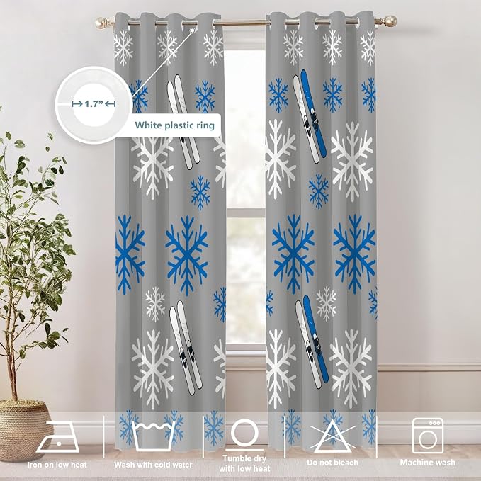 Shrahala Snowflakes Skis Thermal Insulated Blackout Window Curtains, Winter Sports Themed Pattern Long Drapes for Bedroom/Living Room with Plastic Grommet, 52X84 Set of 2