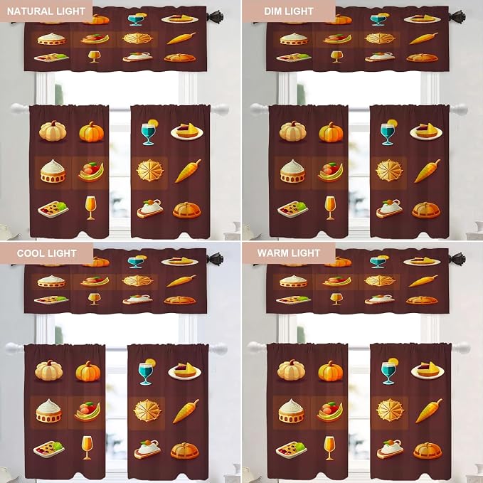 Shrahala Happy Thanksgiving Day Blackout Curtain Tiers, Pumpkin Turkey Bird Leaves Kitchen Valance Light Blocking Tier Drapes with Rod Pocket, 2 Pack 26 X 36 in