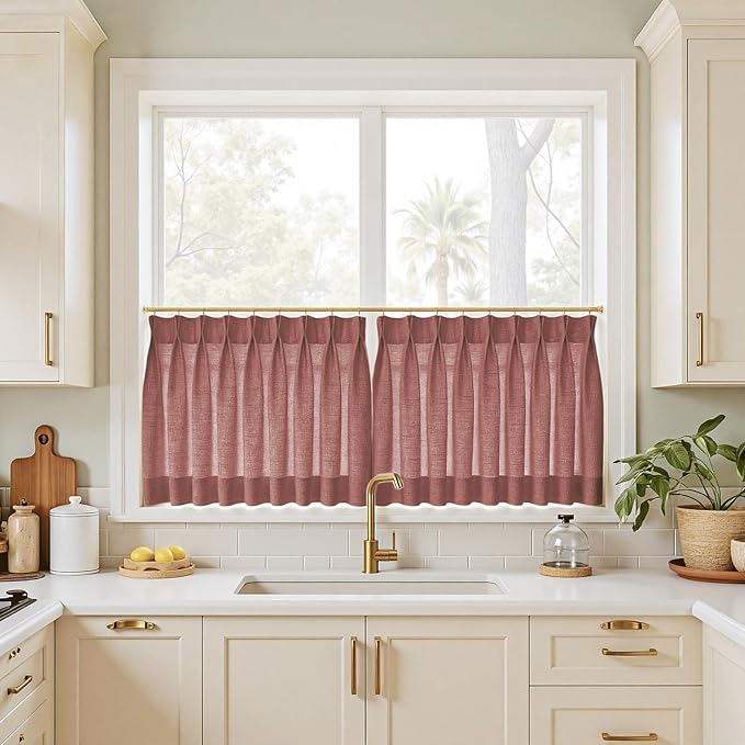 TWOPAGES 26" W x 24" L Linen Blend Cafe Curtains for Kitchen Window, Light Filtering Pinch Pleated Tier Curtains, Modern Farmhouse Half Window Curtains for Bathroom, Cinnabar, 2 Panels