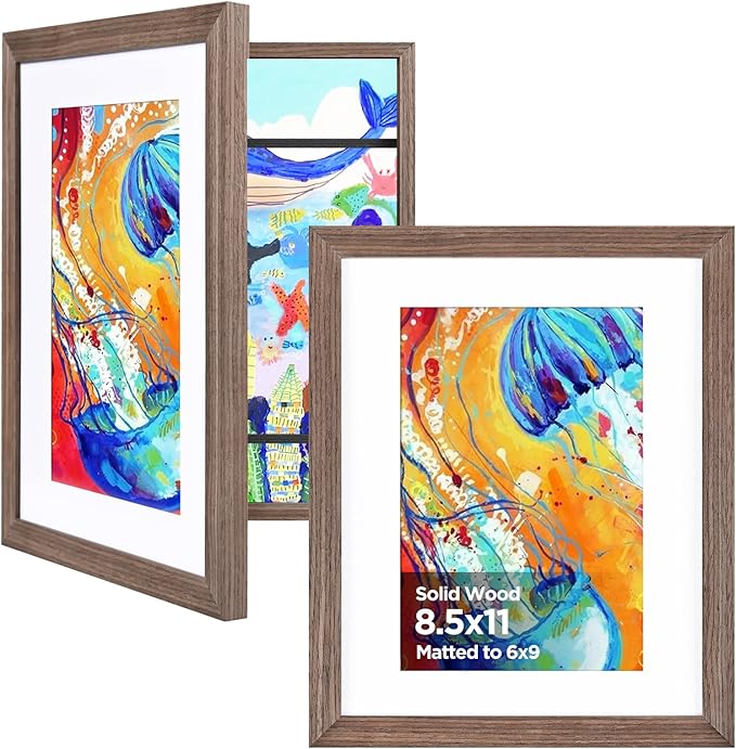 KINLINK 8.5x11 Kids Art Frame 2 Pack, Solid Wood Artwork Frames Changeable, Front Opening Hold 150 Pictures, Art Frames for Kids Artwork, 6x9 with Mat 8.5x11 without Mat, Picture Frames Brown Wood