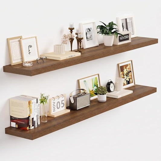 Vivelove Walnut Floating Shelves 48 Inches Long, Wall Display Shelves with Invisible Brackets, for Bathroom Living Room Kitchen Bedroom Office Farmhouse Home Decor, 48x9.3X 1.5 - Set of 2, Walnut