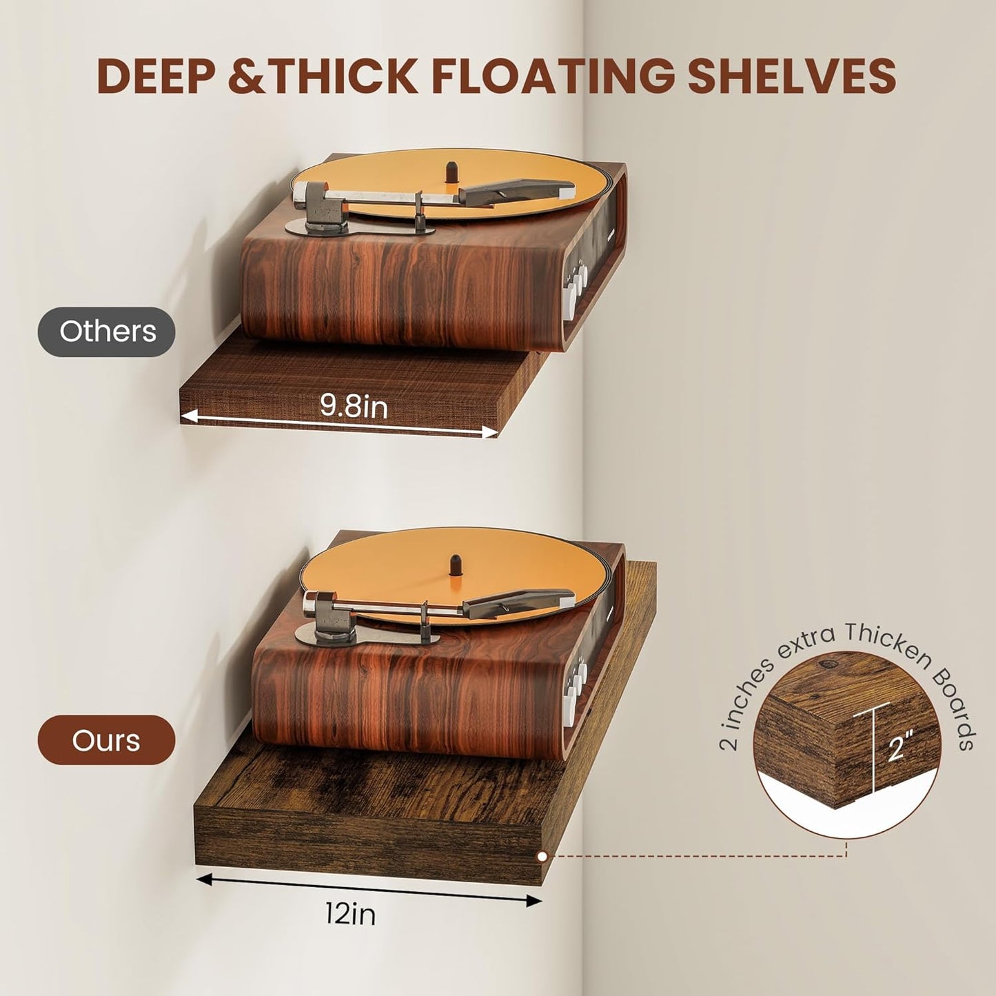 12" Deep Floating Shelves for Wall 48 Inches Long, Heavy Duty Wall Shelves for Bedroom Bathroom Kitchen Laundry Room, Farmhouse Rustic Shelves for Home Decor, 48" X 12" X 2" Set Of 2, Rustic Brown