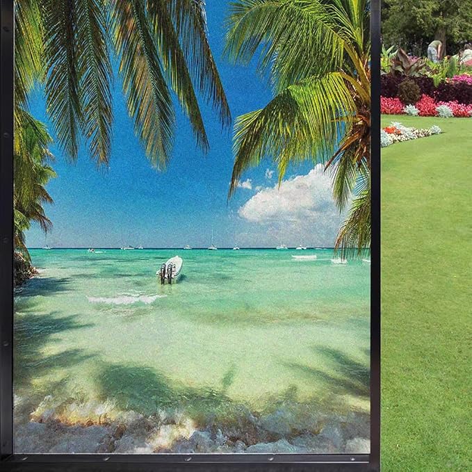Tropical Window Film, Palm Paradise Privacy Static Cling, Seascape & Botanical Design, UV Blocking Removable Cover for Home Office Bathroom, Fern Green 90x200cm/35.4x78.7in