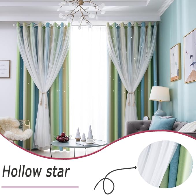Yellow Green Blackout Curtains 96 inches Long for Kids Rooms 2 Panels, Privacy Light Filtering Cute Drapes, Thick Grommet Nursery Star Princess Curtains for Glass Door Bedroom