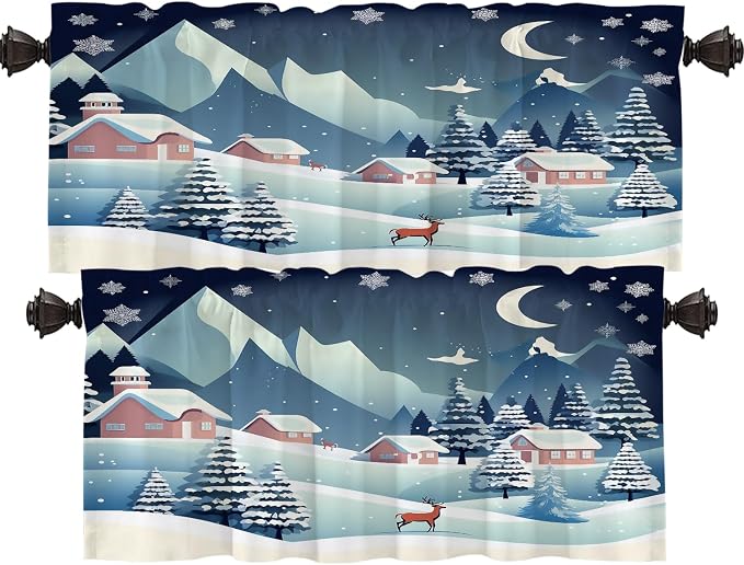 Shrahala Winter Snow Landscape Blackout Short Curtains for Windows, Snowy Tree Fields Houses Hills Kitchen Valance Thermal Insulated Rod Pocket Window Treatment for Bathroom 2 Pack 52 X 16 in
