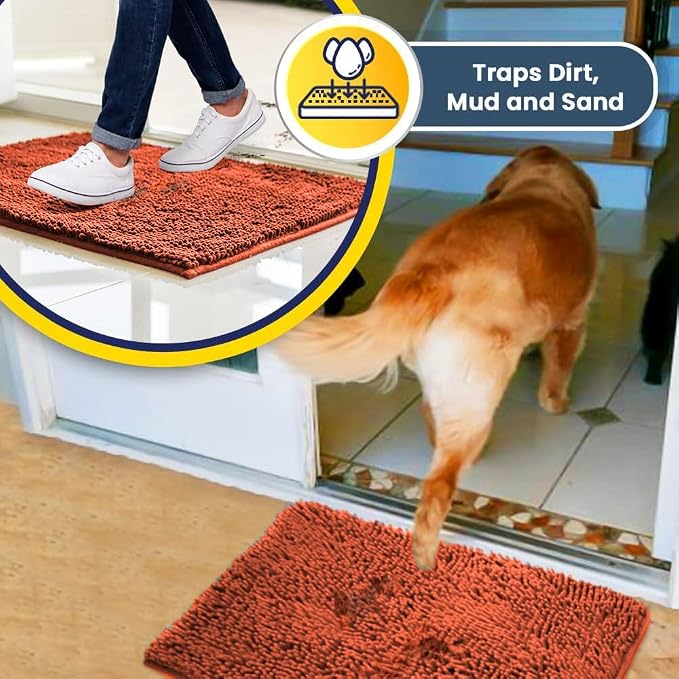 Muddy Mat® | Super Water Absorbent Door Mat Indoor, Microfiber Quick Dry Chenille Entryway Rug, Slip Resistant Front Door Mat, Indoor Mats for Entryway, Machine Washable Pet Rug, Orange XXXL 72"X48"