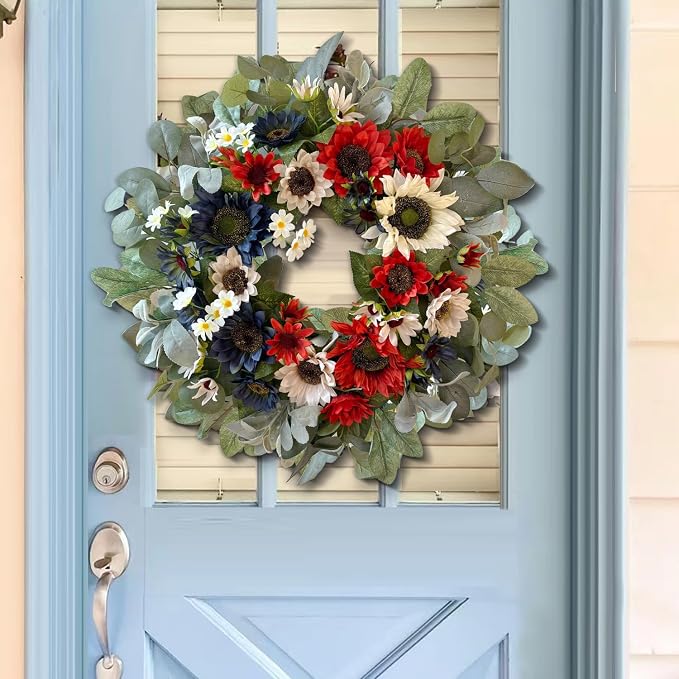 WANNA-CUL 24 Inch Patriotic Sunflower Wreath 4th of July Front Door Wreath | Red White Blue Summer Memorial Day Independence Day Labor Day Wreath for Indoor Outdoor Holiday Decor