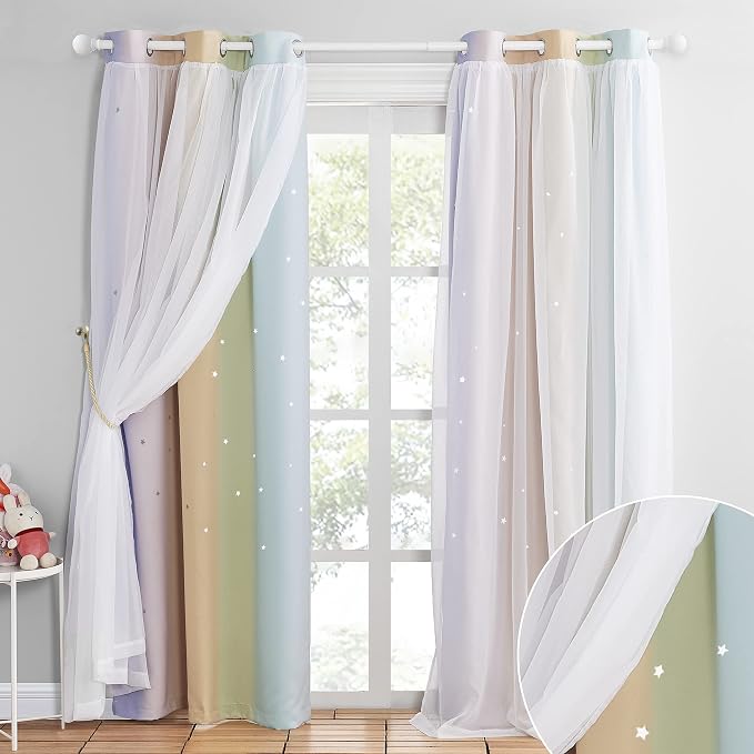 NICETOWN Kids Curtains for Nursery, Star Hollow-Out Rainbow Curtains for Girls Bedroom, Double-Layer Colorful Striped Layered Window Curtain for Thanksgiving, 42W x 84L Inches, Set of 2