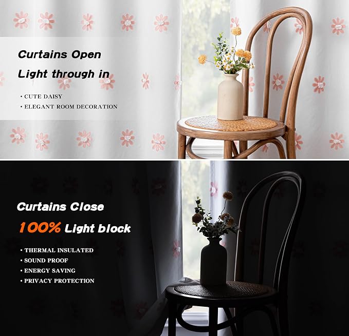 MYSKY HOME Pink Floral Blackout Curtains for Living Room 90 Inches Long Total Light Blocking Curtain for Girls Bedroom 2 Panels Grommet 100% Room Darkening Window Drapes with Flower Sheer 52W x 84L