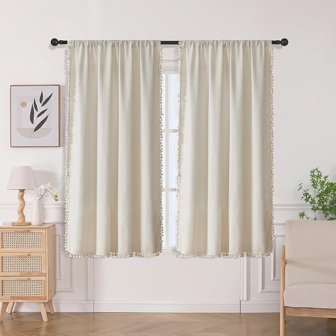 Joydeco Beige Boho Curtains 63 Inch Length 2 Panels, Super Soft Bohemian Farmhouse Curtains with Tassels, Semi Sheer Light Filtering Drapes for Bedroom Living Room (Rod Pocket, 52Wx63L)