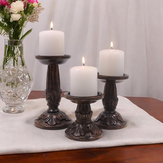 Hosley Set of 3 Wood Pillar Candle Holders 8", 6", 4.25" High Dark Brown Wooden Candlestick Set for Table Centerpiece Ideal for LED & Wax Candles, Rustic Home Decor, Wedding, Party, Spa, Reiki
