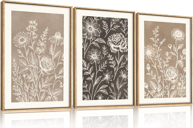 Neutral Boho Flower Framed Canvas Wall Art Set,Vintage Moody Rose Peony Daisy Wildflower Decor,Modern Natural Brown Black Floral Botanical Artwork for Living Room,Bedroom,Farmhouse-24 x36 x3