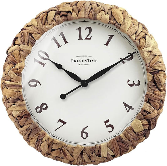 Presentime & Co. Farmhouse Series, Rustic Woven Clock, 14 inch, Natural Woven Water Hyacinth/Sea Grass. Wall Sculpture, Wall Art and Timepiece for Home Decoration/Decoration/Farmhouse Décor
