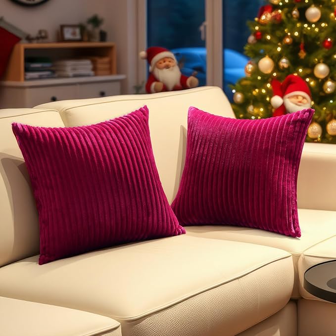 Simmore Decorative Fall Throw Pillow Covers 22x22 Set of 2, Soft Natural Plush Flannel Double-Sided Fluffy Couch Euro Sham Pillow Covers for Sofa Living Room, Burgundy