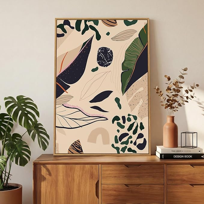 Framed Boho Abstract Botanical Wall Art for Living Room, Neutral Earthy Tropical Leaf Canvas Painting Prints Artwork for Walls, Mid Century Modern Vertical Wall Decor for Bedroom Home Office, 24x36 In