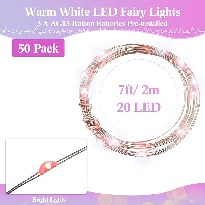 Tuanse 50 Pack LED Fairy Lights Colored Battery Operated String 3 Speed Modes 7 ft 20 LED Starry Wedding Decoration Waterproof Wire Twinkle Light for DIY Jar Bedroom Party Supplies (Colorful Color)