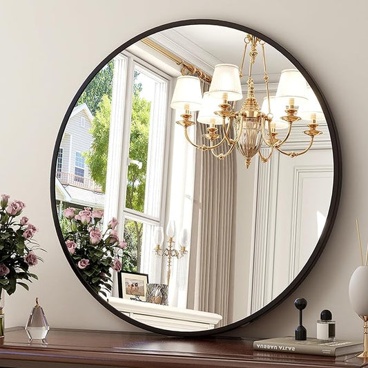 XRAMFY 24 Inch Round Mirror - Circle Mirrors for Bathroom, Entryway and Living Room Wall Decor, Modern Hanging Vanity Mirror, Matte Black Circle Decorative Wall Mirror