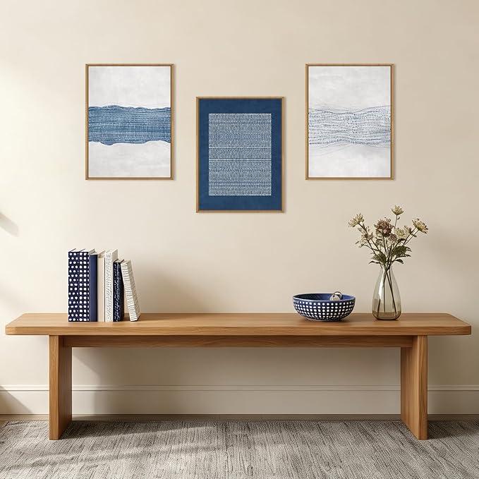 Large Abstract Navy Blue and White Framed Canvas Wall Art Set,Modern Neutral Geometric Waves Lines Dots Wall Decor,Mid Century Minimalist Boho Artwork for Living Room,Bedroom,Office- 12"x16"x3