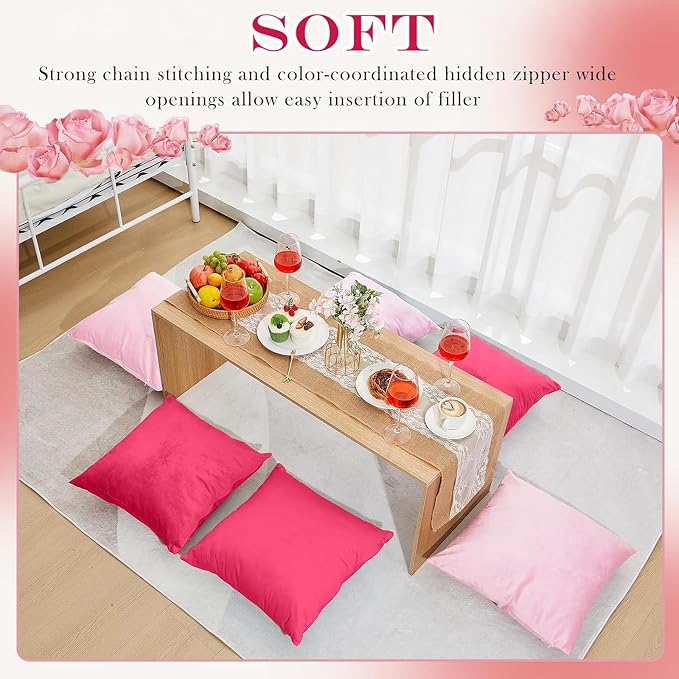 Berlune 6 Pcs Pink Picnic Velvet Throw Pillow Covers 18" x 18" Hot Pink Decorative Cushion Cases Soft Pillowcase Coquette Party Accessories Couch Sofa Bed Picnic Chair Home Decor, No Inserts