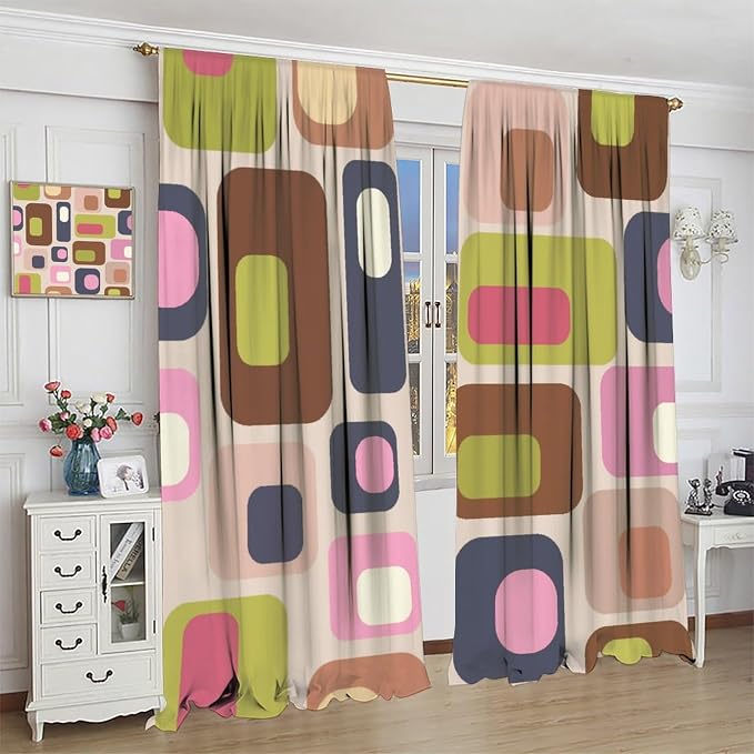 JESTRONRY Mid Century Curtains, Vintage Classic 1950S 1960S Retro Abstract Geometric Modern Home Decor Blackout Rod Pocket Window Drapes for Living Room Bedroom 52x84in