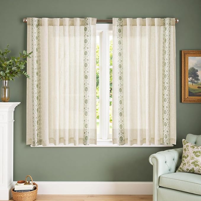 jinchan Green Floral Embroidered Short Linen Curtains 54×54 Inches 2 Panels | Light filtering, back tab, rod pocket, cafe curtains for kitchen bedroom living room, cottage farmhouse, small window