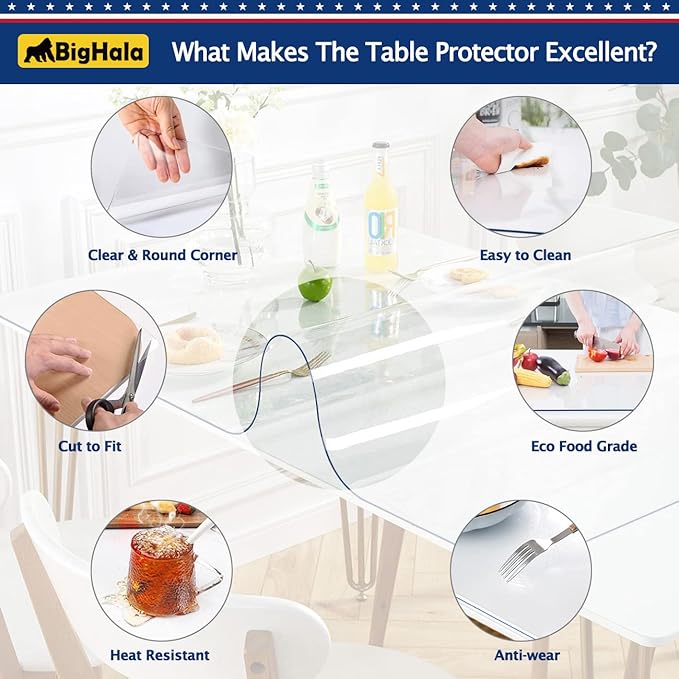 Square Clear Plastic Tablecloth Table Protector Eco Thicken Protective Desk Blotter Mat Cover Waterproof Wipeable Tablecloth Roll Easy Clean PVC Vinyl Dining Tabletop Protection Liner Pad 46X46 46