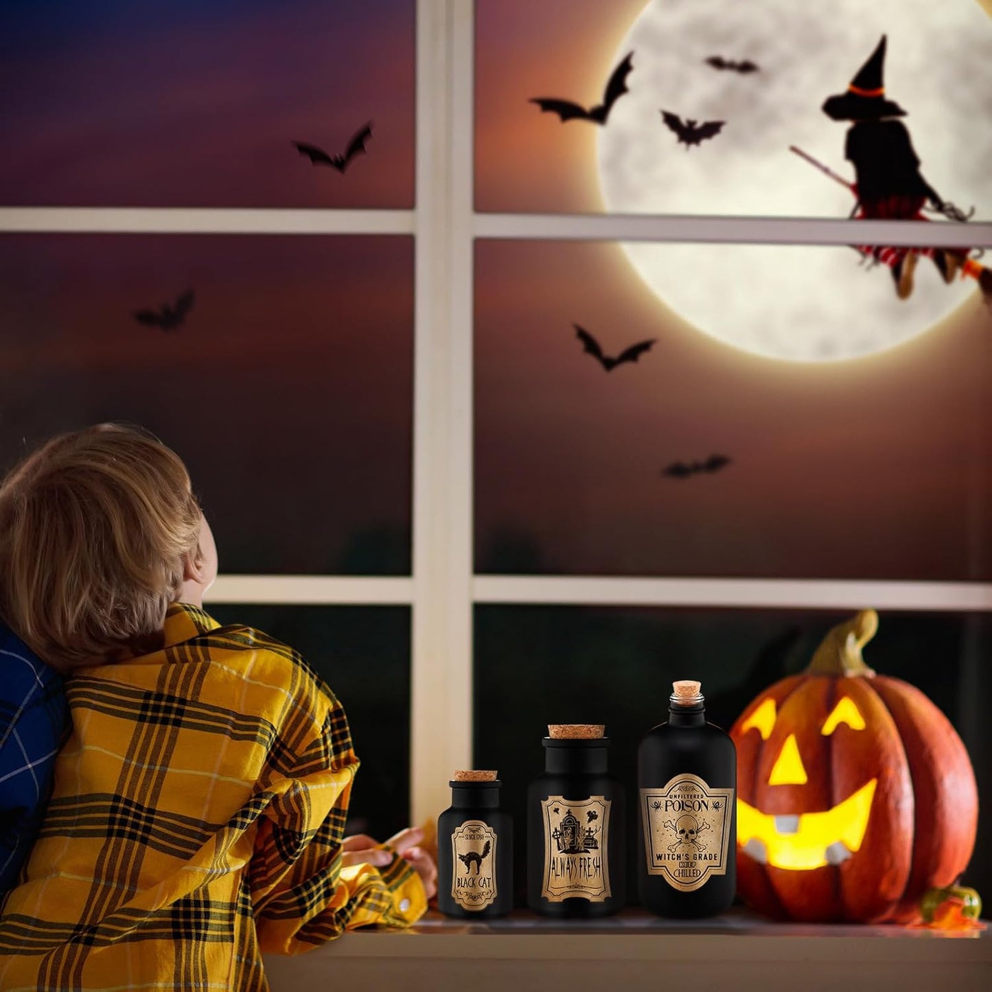 Umigy 3 Pcs Vintage Glass Potion Bottles with Cork Lid Black Halloween Tiered Tray Decoration 12 Apothecary Bottles Jars Stickers Labels Halloween Table Home Bathroom Decorations Indoor