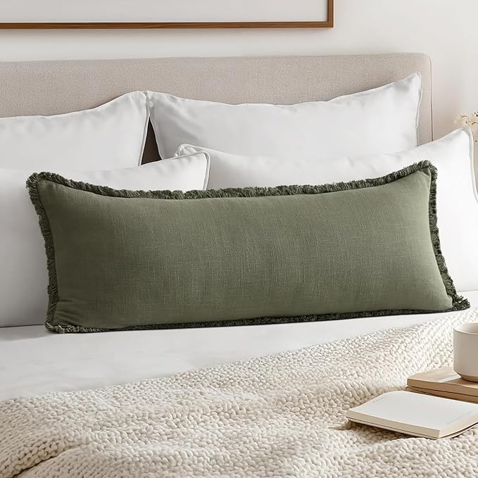 MIULEE Decorative Throw Pillow Covers Neutral Linen Fringe Throw Pillows Set of 1 Olive Green Boho Farmhouse Cushion Covers for Couch Sofa Bed Living Room Spring Home Decor 14x36 Inch