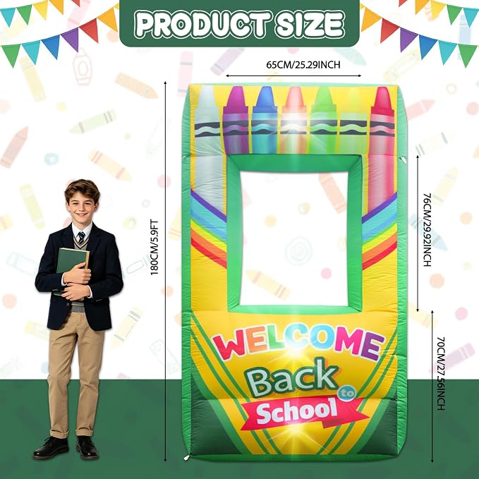 5.9FT Inflatable Crayon Photo Prop, Back to School Party Decoration First Day of School Photo Booth Crayon Selfie Frames for Welcome School Party Decors Outdoor Yard Garden Decor