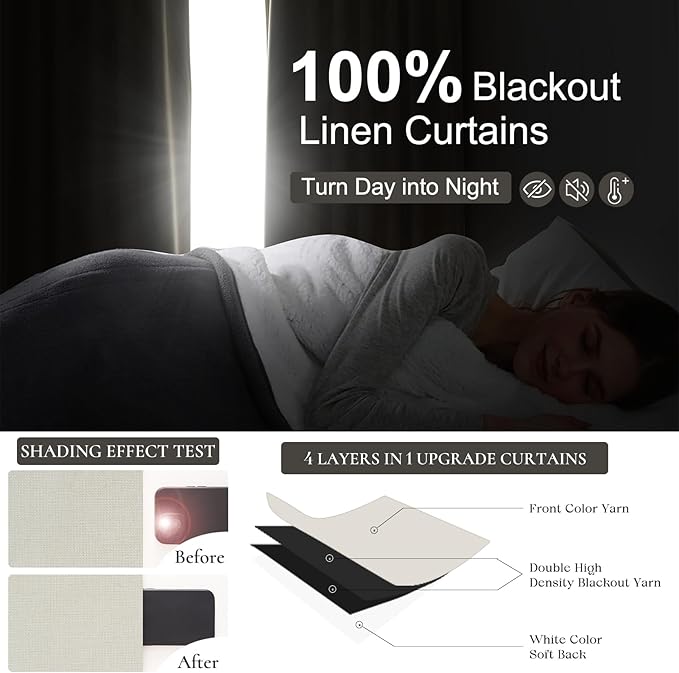 Pleated Beige Curtains 95 Inches Long 2 Panels Burg, Energy Efficient Decorative Total Blackout Curtain for Bedroom Wide Windows Drapes for Living Room Thick Soundproof Rod Pocket&Hook(50"W x 95"L)