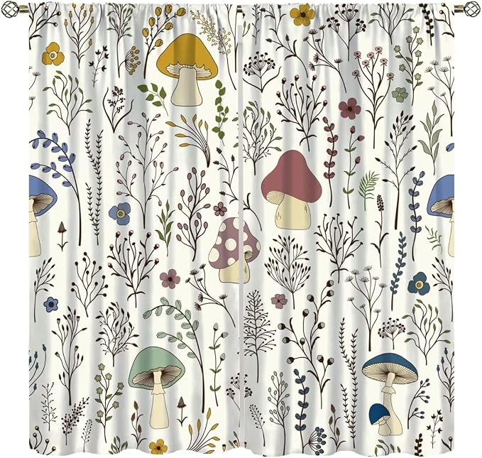 Mushroom Curtains,Colorful Plant Forest Botanical Print Window Treatments for Bedroom Living Room Kitchen Cartoon Herbs Floral Window Drapes 2 Panels Set,Total Size 63 x 72 Inch