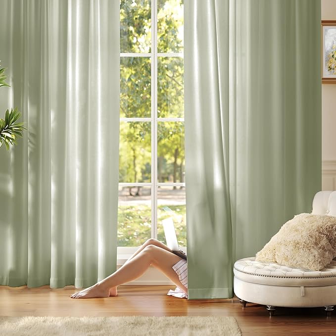 Anmao Non-See-Through Sage Green Privacy Semi Sheer Curtains for Living Room 45 Inch Length 2 Panels Set, Light Filtering That Let Light in Rod Pocket Window Drapes for Bedroom, 52W x 45L, Sage