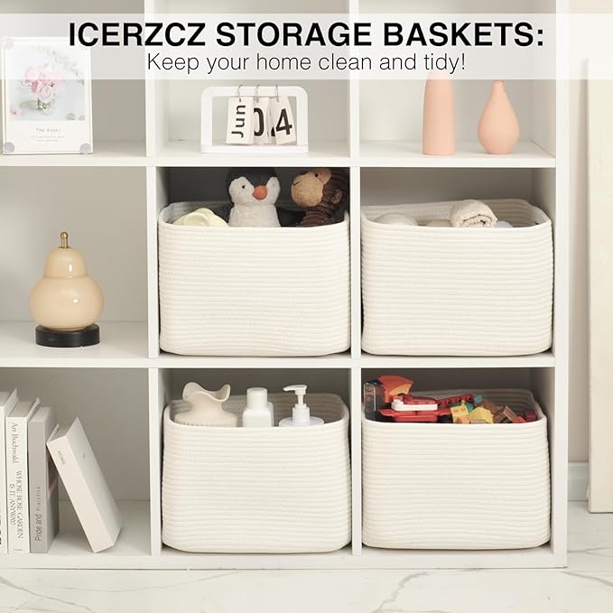 ICERZCZ Storage Baskets for Organizing & Shelves, Woven Cotton Rope Organization Bins for Dog Toys, Clothes, Books, Nursery Organizer, 15" Lx11''Wx9.5''H, (4 Packs) Off White