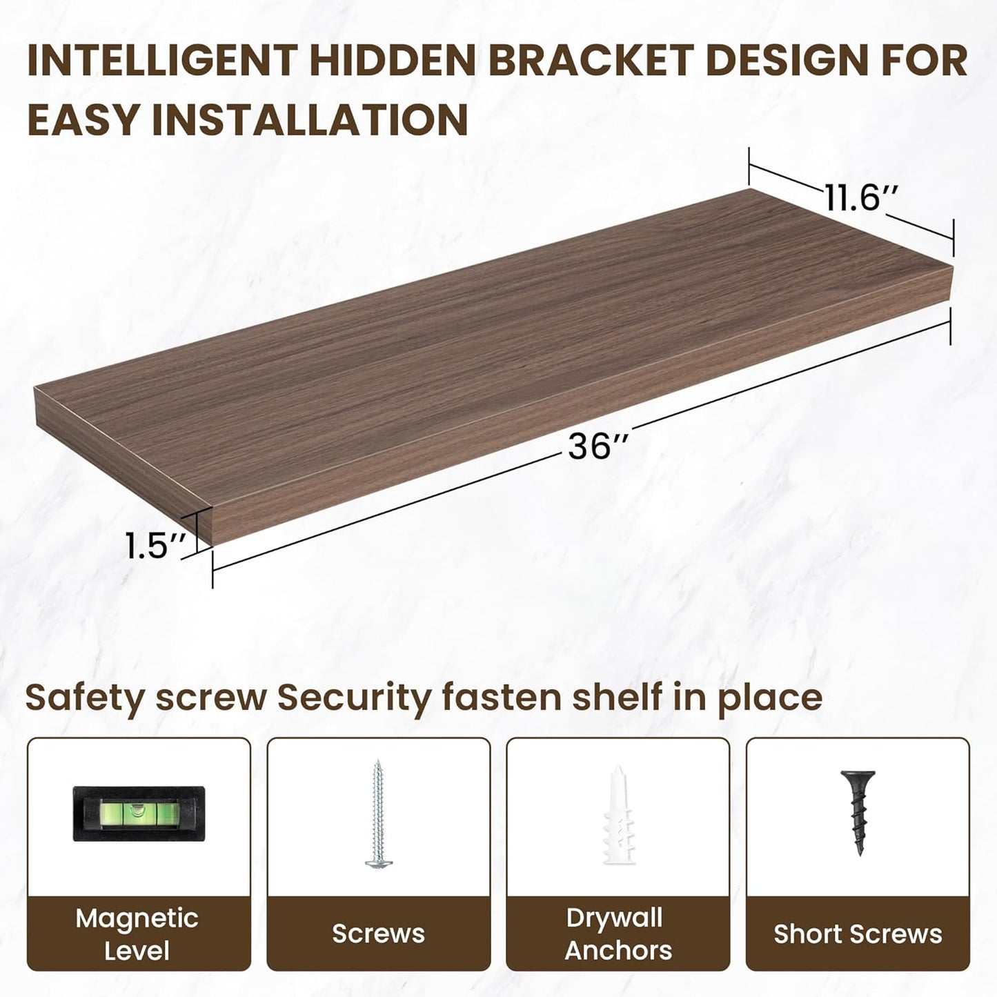 36 Inch Floating Shelves, 11.6 Inch Deep Floating Shelves for Wall, Floating Shelf with Invisible Brackets, Deep Shelves for Bathroom, Bedroom, Living Room, 2 Pack, Walnut